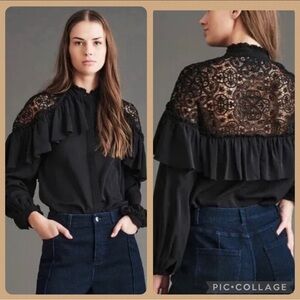 Haute Hippie Kamila Jet Black Lace Ruffle Top Size XS